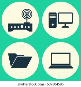 Laptop Icons Set. Collection Of Dossier, Laptop, Personal Computer And Other Elements. Also Includes Symbols Such As Laptop, Folder, Dossier.