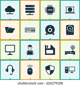 Laptop Icons Set. Collection Of Hdd, Personal Computer, Router And Other Elements. Also Includes Symbols Such As Desktop, PC, Keyboard.