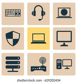 Laptop Icons Set. Collection Of Keypad, Router, Personal Computer And Other Elements. Also Includes Symbols Such As Internet, Protection, Headphone.