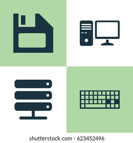 Laptop Icons Set. Collection Of Personal Computer, Diskette, Database And Other Elements. Also Includes Symbols Such As Database, Personal, Computer.