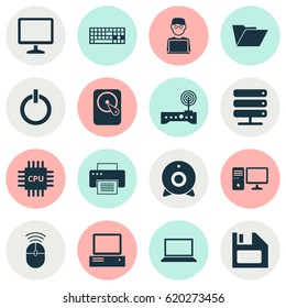Laptop Icons Set. Collection Of Power On, Computer Mouse, Laptop And Other Elements. Also Includes Symbols Such As Server, PC, Floppy.