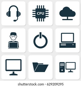 Laptop Icons Set. Collection Of Power On, Tree, Dossier And Other Elements. Also Includes Symbols Such As Button, Headphone, Dossier.