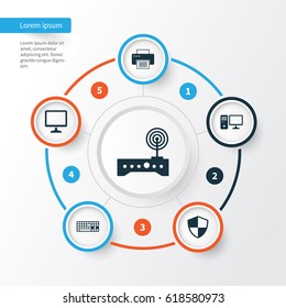 Laptop Icons Set. Collection Of Printing Machine, Personal Computer, Desktop And Other Elements. Also Includes Symbols Such As Defense, Shield, Printer.