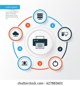 Laptop Icons Set. Collection Of Printing Machine, Power On, Personal Computer And Other Elements. Also Includes Symbols Such As Printer, Online, Button.