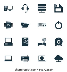 Laptop Icons Set. Collection Of Printing Machine, Hdd, Web And Other Elements. Also Includes Symbols Such As Computer, Headphone, Laptop.