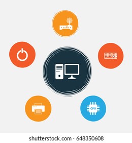 Laptop Icons Set. Collection Of Printing Machine, Power On, Router And Other Elements. Also Includes Symbols Such As Router, Microprocessor, Modem.