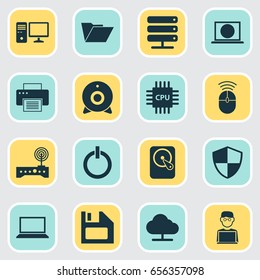 Laptop Icons Set. Collection Of Printing Machine, Personal Computer, Dossier And Other Elements. Also Includes Symbols Such As Man, Database, Shield.