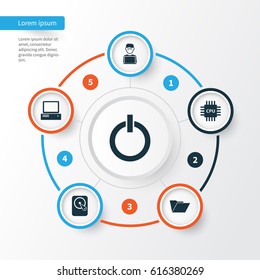 Laptop Icons Set. Collection Of Programmer, Monitor, Motherboard And Other Elements. Also Includes Symbols Such As Monitor, Disk, Computer.