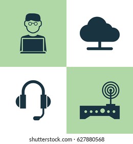 Laptop Icons Set. Collection Of Programmer, Earphone, Tree And Other Elements. Also Includes Symbols Such As Cloud, Earphone, Programmer.