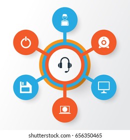Laptop Icons Set. Collection Of Programmer, Earphone, Broadcast And Other Elements. Also Includes Symbols Such As Internet, Monitor, Desktop.