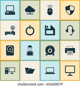 Laptop Icons Set. Collection Of Router, Hdd, Printing Machine And Other Elements. Also Includes Symbols Such As Diskette, Disk, File.