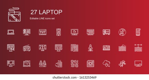 laptop icons set. Collection of laptop with server, cpu, motherboard, news, monitor, startup, computer, monitoring, screen, keyboard, tutorial. Editable and scalable laptop icons.
