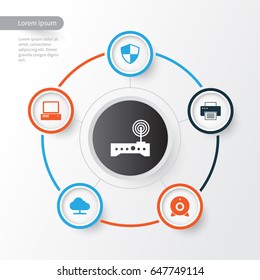 Laptop Icons Set. Collection Of Tree, Router, Broadcast And Other Elements. Also Includes Symbols Such As Modem, Router, Camera.