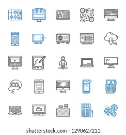 laptop icons set. Collection of laptop with working, news, components, monitoring, monitor, co, startup, tablet, computer, server, graphic tablet. Editable and scalable laptop icons.