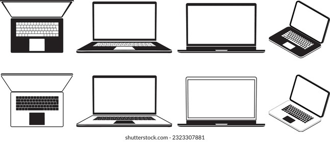 Laptop icons set. Laptop different style. collection Laptops or notebook computer. Flat and line icon - stock vector.
