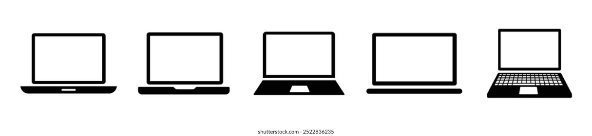 Conjunto de iconos de computadora portátil. Ordenador portátil de estilo diferente. Ordenadores portátiles de colección o portátil. Icono plano y línea - Vector de stock.