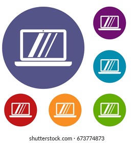 Laptop icons set in flat circle reb, blue and green color for web