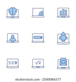 Laptop icons set. Line Duotone style, editable stroke. brain, seo and web, video conference, application, email, laptop, startup, search.