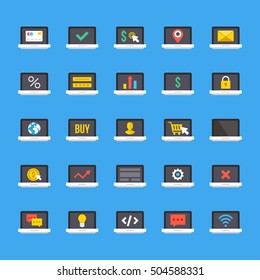 Laptop icons set. Notebook screens. Business, ecommerce, internet. technology, coding, banking, shopping concepts signs and symbols collection. Flat design vector icons isolated on blue background