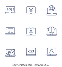 Laptop icons set. Thin Line style, editable stroke. pie chart, internet, laptop, brain, video conference, tax.