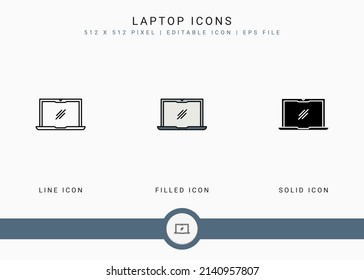 Laptop icons set vector illustration with solid icon line style. Electronics smart device concept. Editable stroke icon on isolated background for web design, user interface, and mobile app