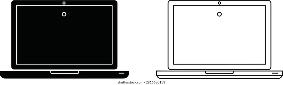 Laptop icons in solid and outline styles, computer device symbol, screen and touchpad, technology, digital work, portable computer vector set