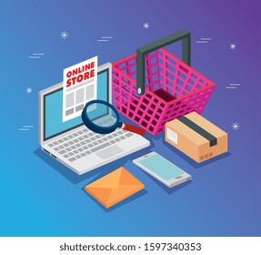 laptop with icons of store online vector illustration design