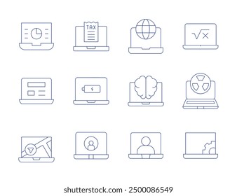 Laptop icons. Thin Line style, editable stroke. pie chart, internet, laptop, brain, video conference, application, tax.