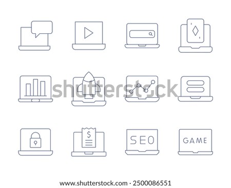 Laptop icons. Thin Line style, editable stroke. laptop, password, message, seo and web, bill, startup, search, analysis, video.