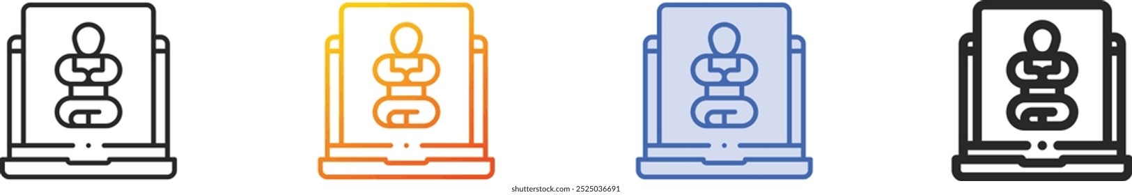 icono de la computadora portátil. Diseño lineal delgado, degradado, trazo azul y estilo audaz aislado sobre fondo blanco