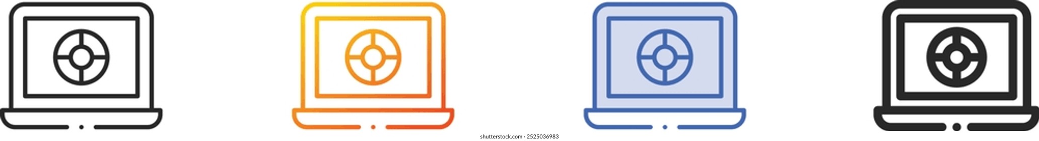 icono de la computadora portátil. Diseño lineal delgado, degradado, trazo azul y estilo audaz aislado sobre fondo blanco
