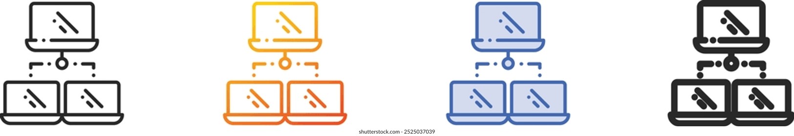 icono de la computadora portátil. Diseño lineal delgado, degradado, trazo azul y estilo audaz aislado sobre fondo blanco