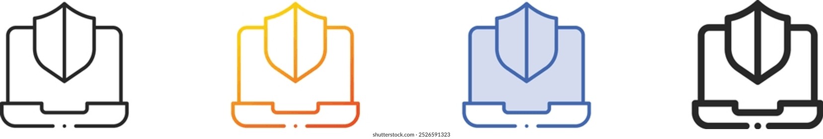icono de la computadora portátil. Diseño lineal delgado, degradado, trazo azul y estilo audaz aislado sobre fondo blanco