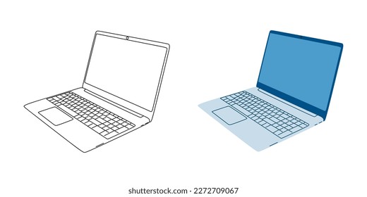 Laptop-Illustration im linearen und flachen Stil einzeln auf weißem Hintergrund. Seitenansicht. Notebook-Vektorgrafik