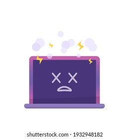 a laptop illustration showing a dead expression. laptops that are damaged, error, or stuck due to running too many tasks or programs so that they experience overheating. flat style. vector design
