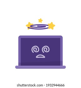 a laptop illustration showing a dizzy expression. laptop dizzy or error due to running too many tasks or programs. flat style. vector design