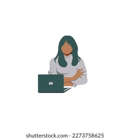 Laptop with important information on the screen. Man typing main message. People whatching on monitor. Single bright colored object on white background.