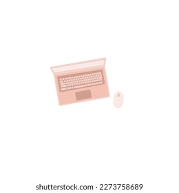 Laptop with important information on the screen. Man typing main message. People whatching on monitor. Single bright colored object on white background.