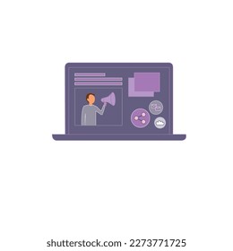 Laptop with important information on the screen. Man typing main message. People whatching on monitor. Single bright colored object on white background.