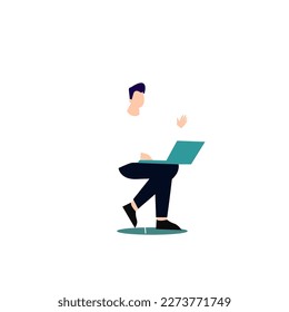 Laptop with important information on the screen. Man typing main message. People whatching on monitor. Single bright colored object on white background.