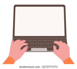 Laptop with important information on the screen. Man typing main message. People whatching on monitor. Single bright colored object on white background.