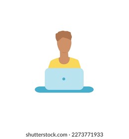 Laptop with important information on the screen. Man typing main message. People whatching on monitor. Single bright colored object on white background.