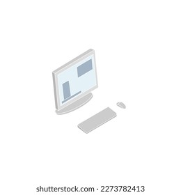 Laptop with important information on the screen. Man typing main message. People whatching on monitor. Single bright colored object on white background.
