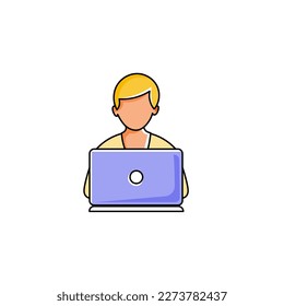Laptop with important information on the screen. Man typing main message. People whatching on monitor. Single bright colored object on white background.