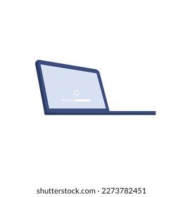 Laptop with important information on the screen. Man typing main message. People whatching on monitor. Single bright colored object on white background.