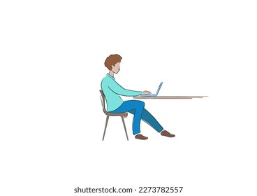 Laptop with important information on the screen. Man typing main message. People whatching on monitor. Single bright colored object on white background.