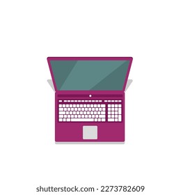 Laptop with important information on the screen. Man typing main message. People whatching on monitor. Single bright colored object on white background.