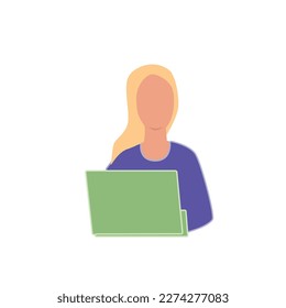 Laptop with important information on the screen. Man typing main message. People whatching on monitor. Single bright colored object on white background.