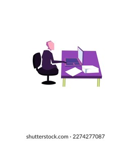 Laptop with important information on the screen. Man typing main message. People whatching on monitor. Single bright colored object on white background.