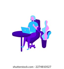 Laptop with important information on the screen. Man typing main message. People whatching on monitor. Single bright colored object on white background.